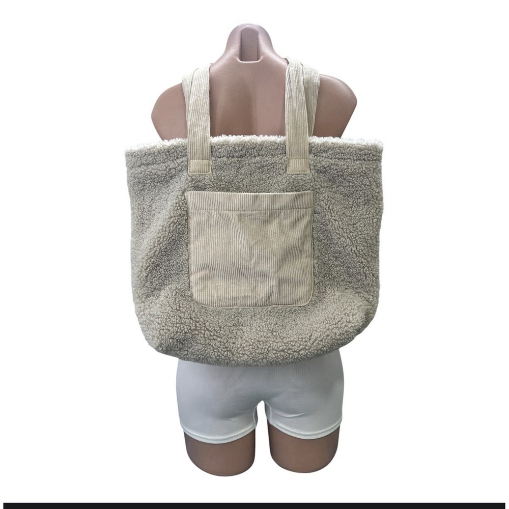 American Eagle Sherpa Tote Bag Cream Corduroy Pocket Fleece Boho